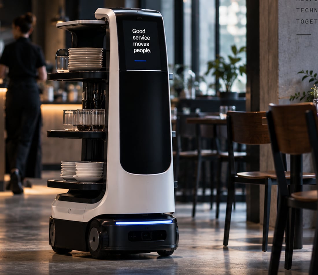 A tray-carrying service robot moving between tables in a restaurant.