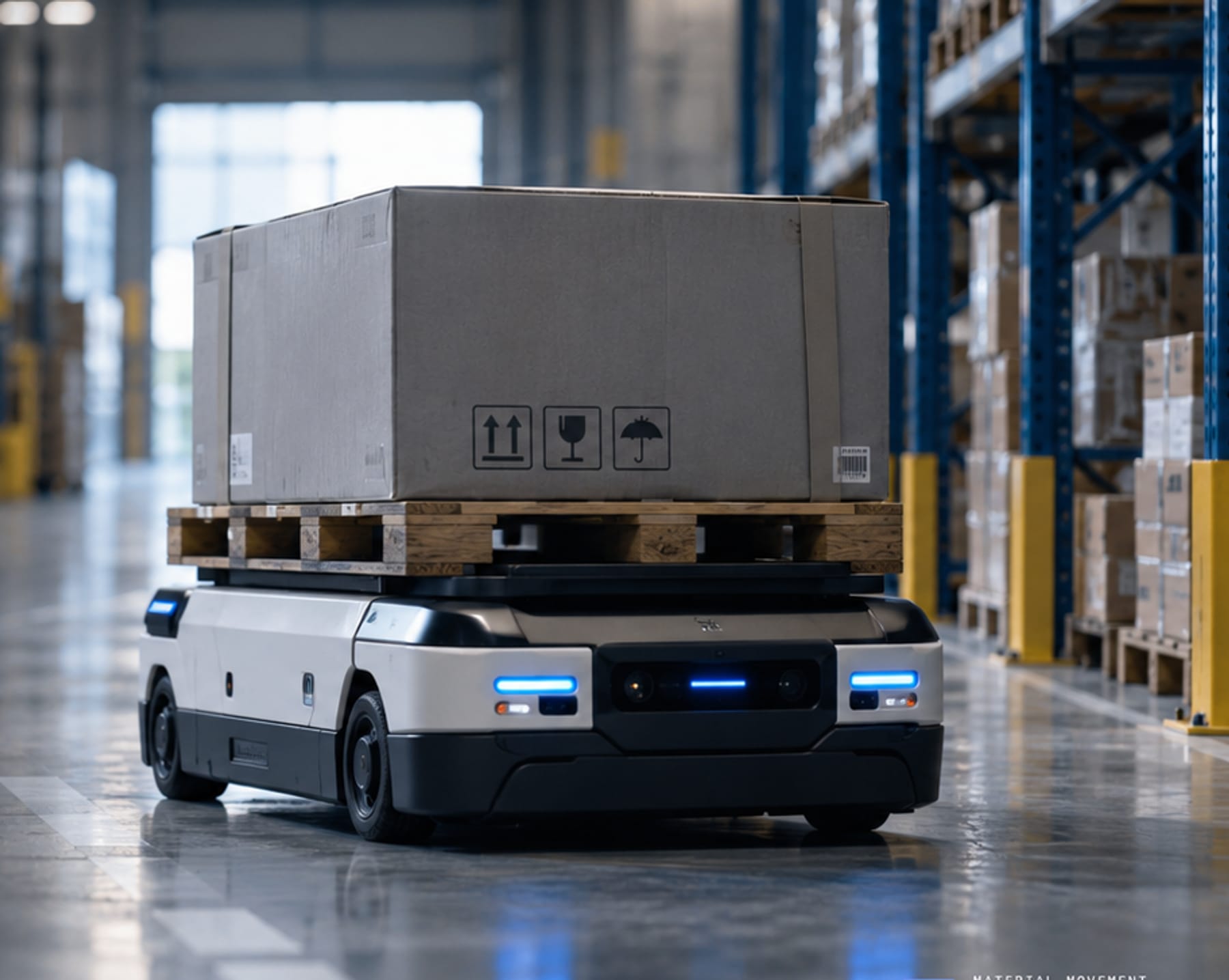 An autonomous material-handling robot carrying a palletised load across an industrial floor.